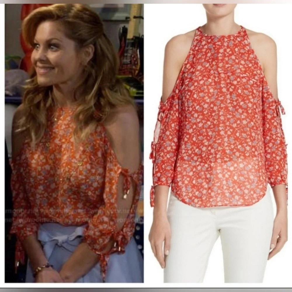 Veronica Beard Flynn Bow Cold Shoulder Blouse - Size 10 - Multi 100% SILK - Picture 1 of 5